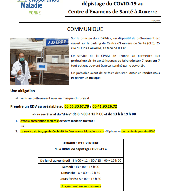 Dépistage “Drive” au centre d’examens de santé d’Auxerre