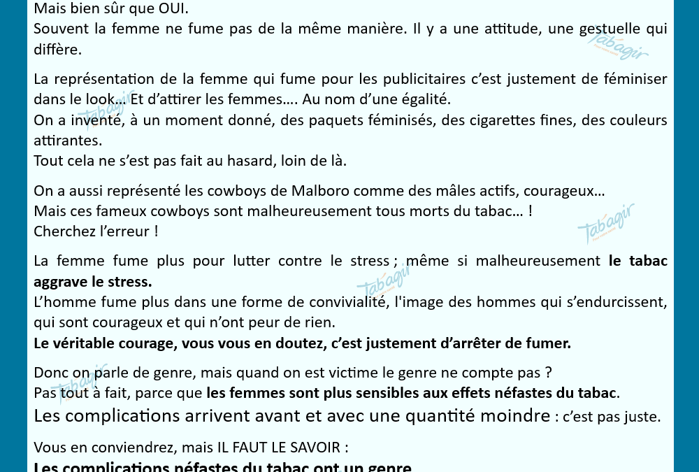 Faut-il tenir compte du genre masculin ou féminin dans l’aide à l’arrêt du tabac?